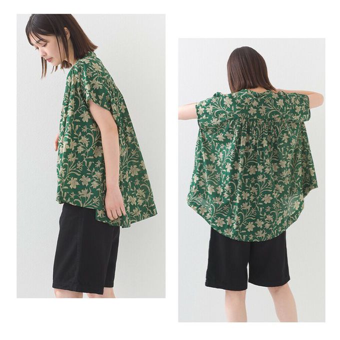 日本 OMNES - 100%印度棉 輕盈寬版襯衫式上衣-花朵-紫