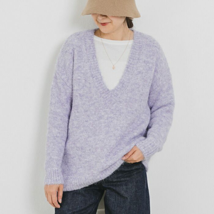 日本 ihuu - 柔軟深V領混羊毛針織上衣-紫羅蘭