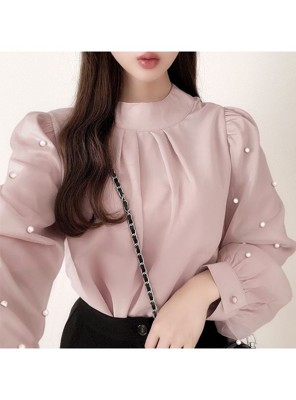 日本 GRL - 浪漫珍珠點綴長袖上衣-黑 (F)