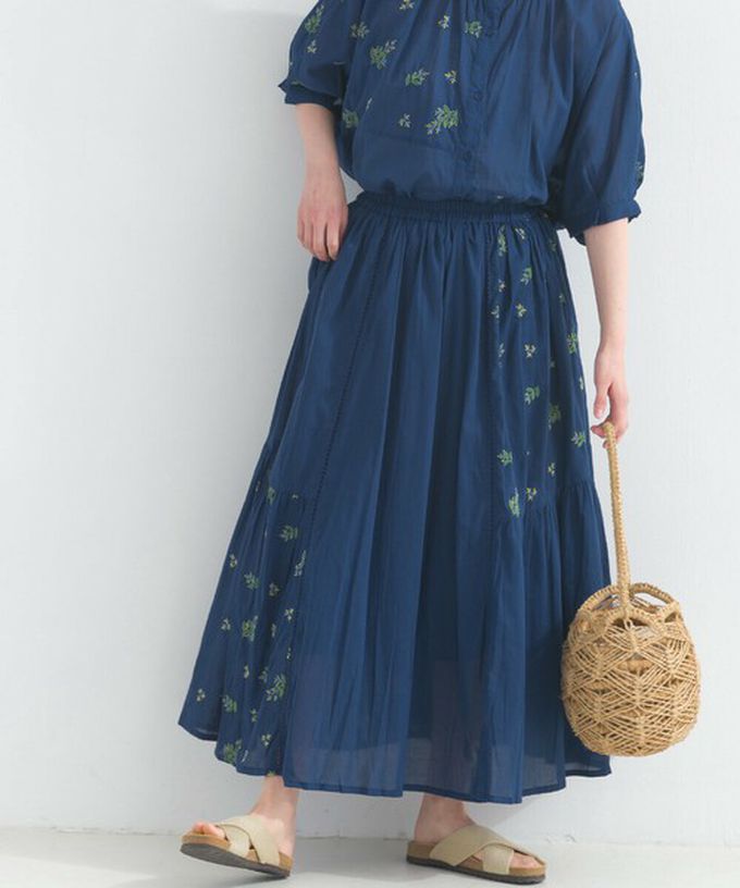 日本 Lupilien - 100%印度棉 優美植物刺繡長裙-海軍藍