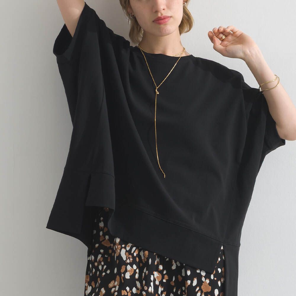 接觸冷感 前短後長落肩素色上衣-黑
