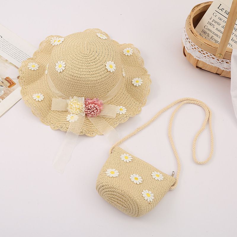 小仙女不規則大帽簷草帽/遮陽帽(附小背包)-編制花-杏色 (建議2-8歲)