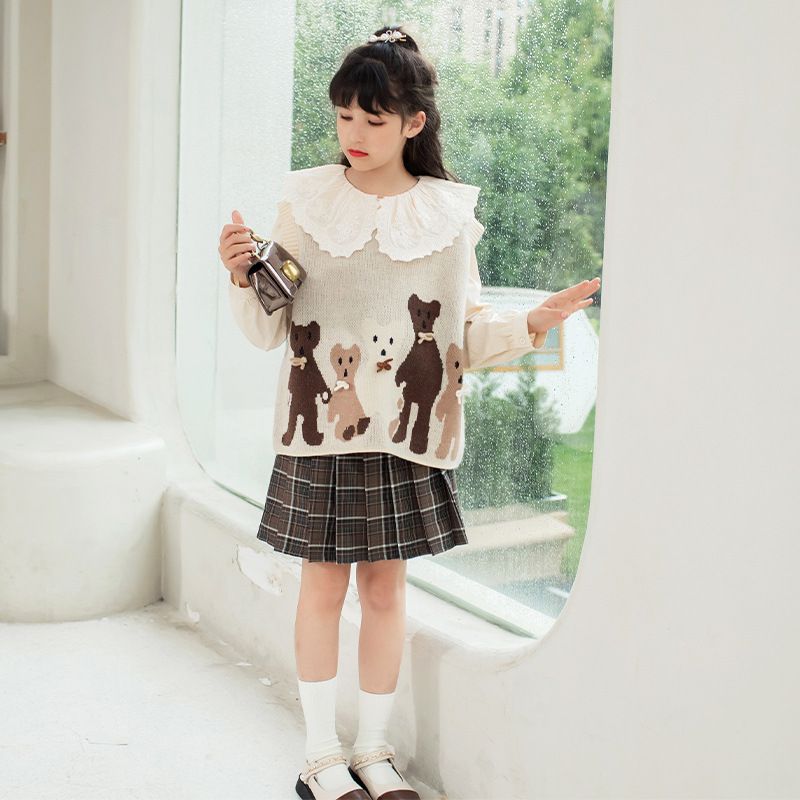 兩件式木耳大翻領長袖襯衫-襯衫+針織背心-米色