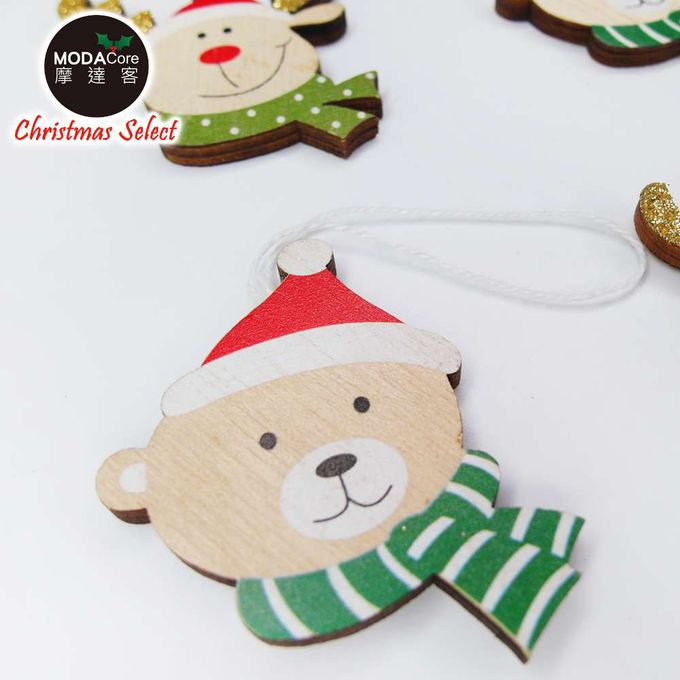 MODACore 摩達客 - 摩達客耶誕-質感聖誕帽木質彩繪(單面)吊飾-小熊+麋鹿混款16入(8入*2盒裝)