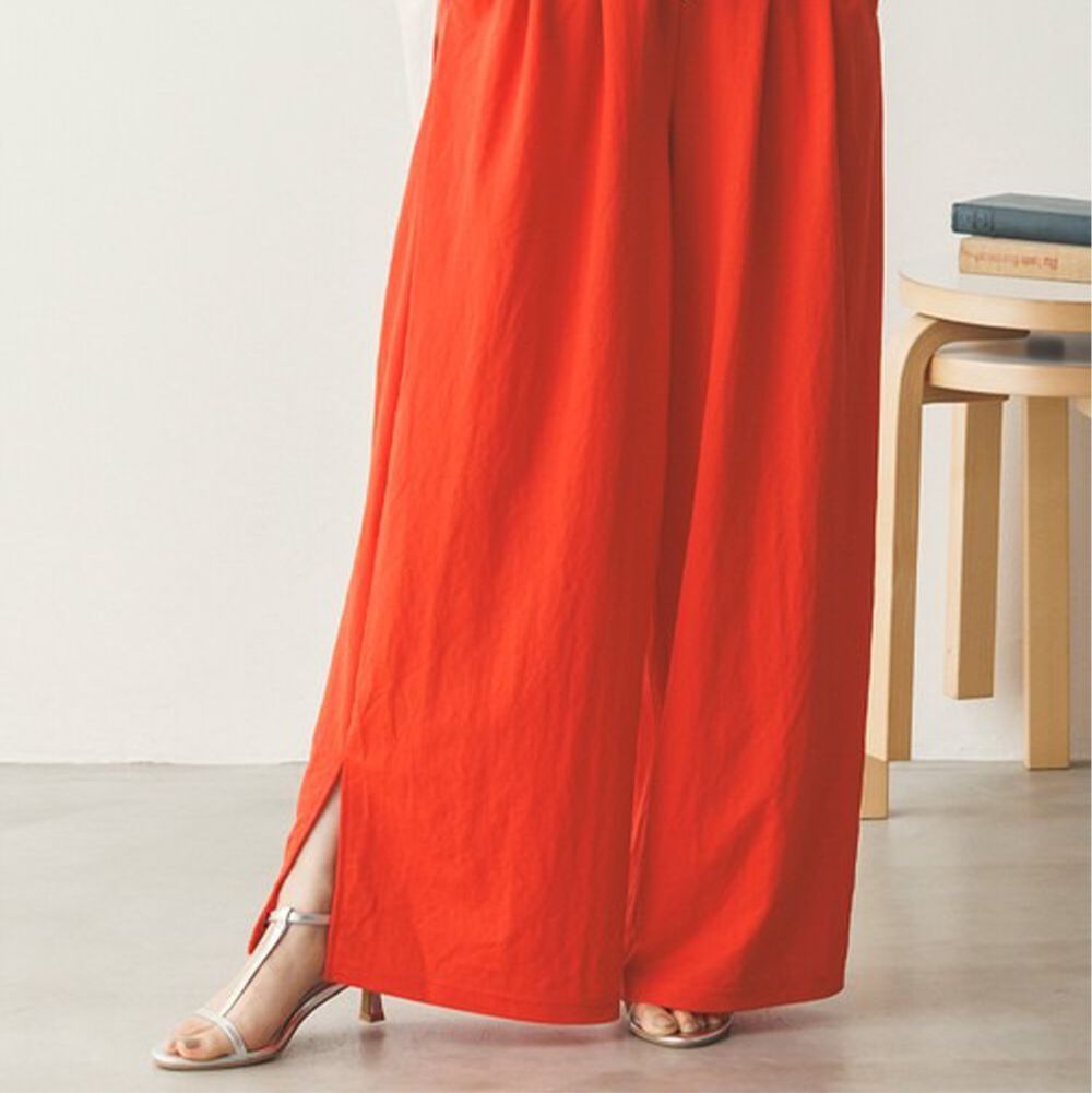 接觸涼感 腰抽繩下擺開叉休閒寬褲-橘