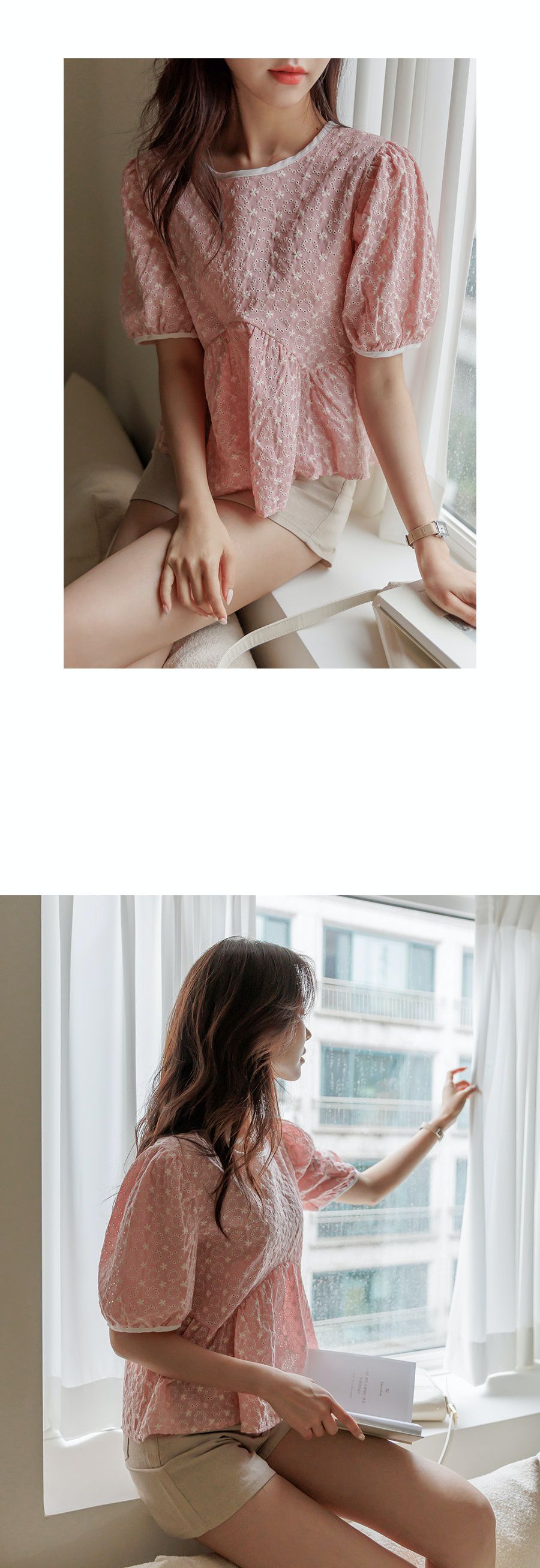 韓國 Urbantheroom - 花圈簍空拼接公主袖上衣-粉 (Free)