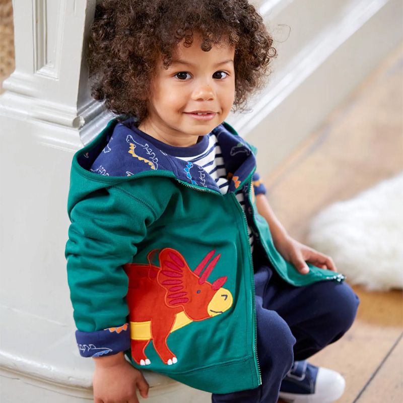 英國 JoJo Maman BeBe - 雙面穿100%純棉保暖連帽外套-淘氣恐龍