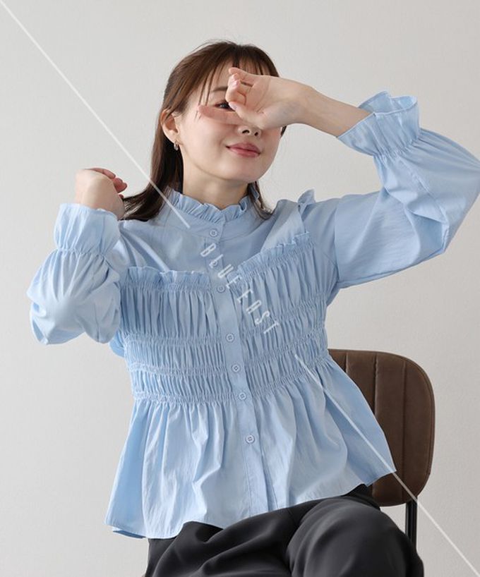 日本 BLUE EAST - 小立領荷葉皺摺束腰長袖襯衫-水藍