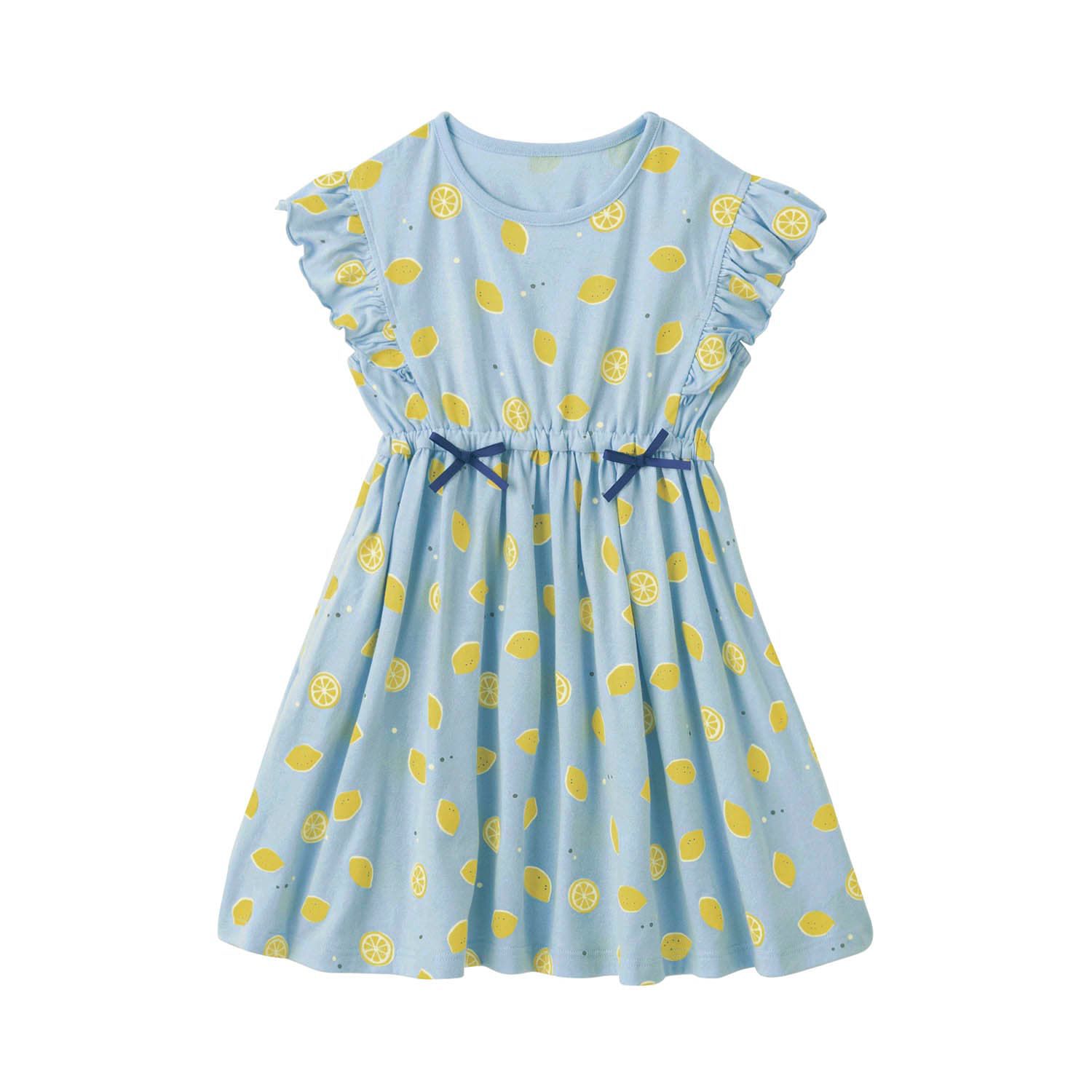 日本千趣會 - 清爽系檸檬印花荷葉袖洋裝-水藍