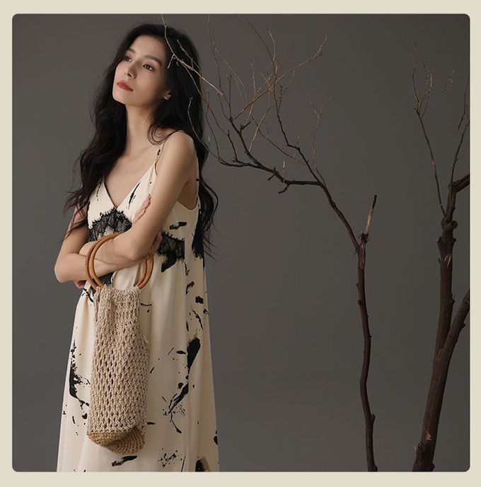 極簡潑墨風細肩帶抗菌棉質洋裝居家服