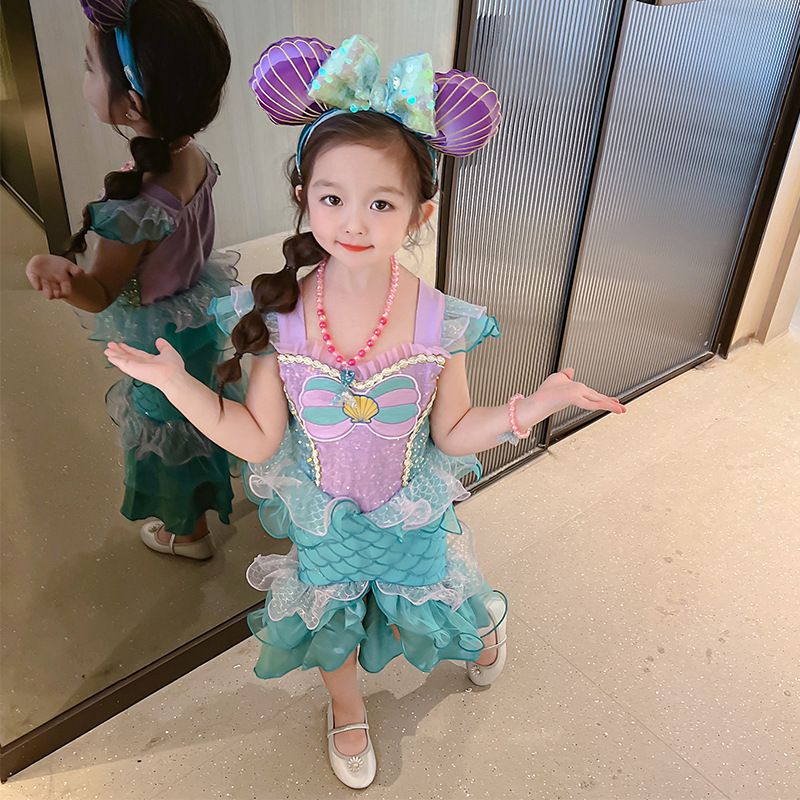 無袖造型萌萌連身公主裙-卡通人物-美人魚-藍綠+紫