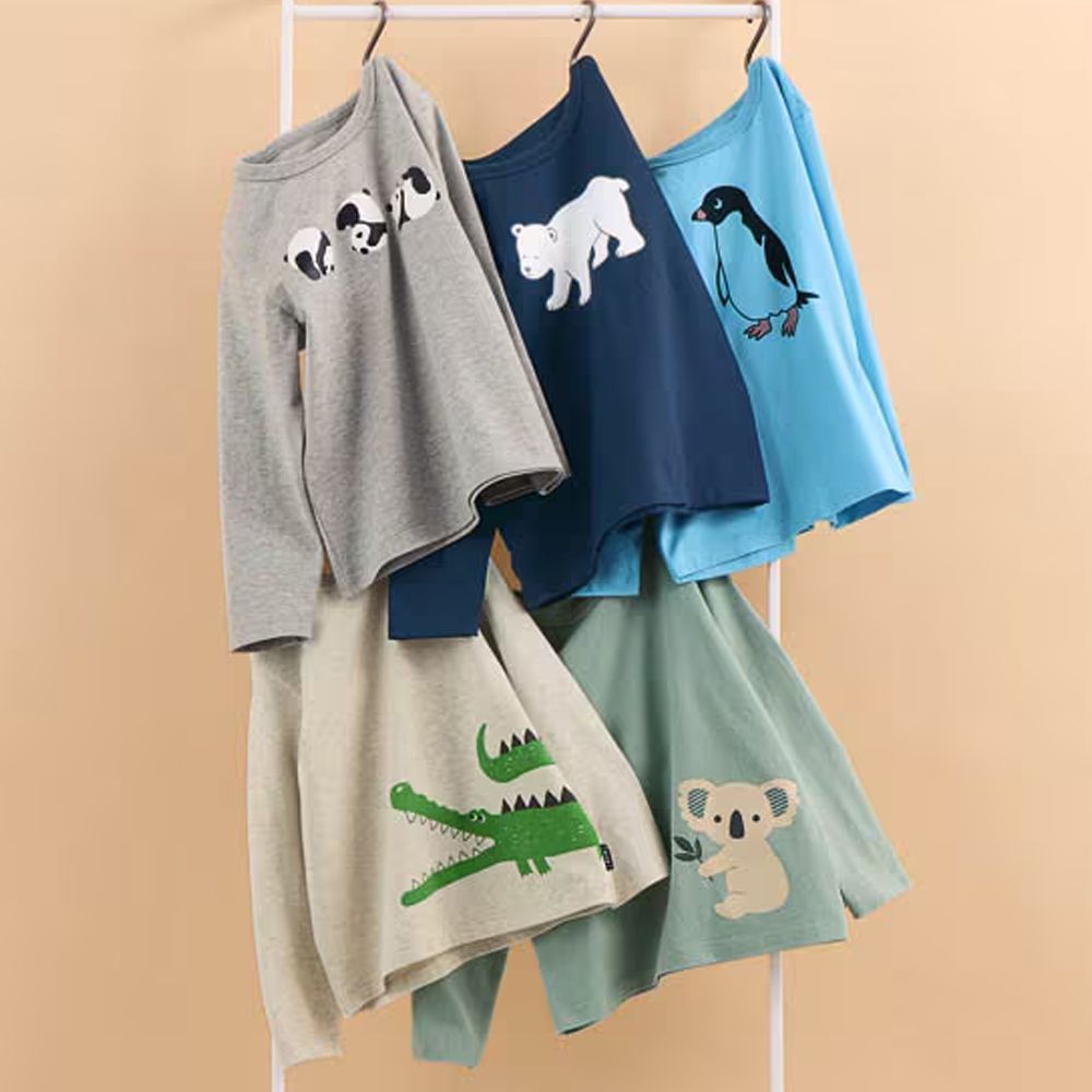 超值五件組 100%純棉印花長袖上衣-動物系-淺灰水藍