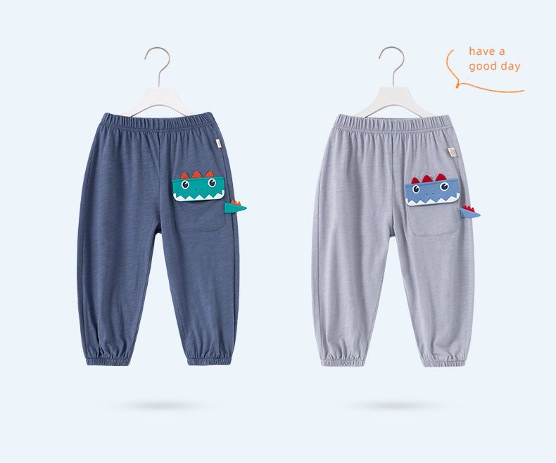 純棉立體圖樣束口長褲/防蚊褲-調皮恐龍-藍灰色