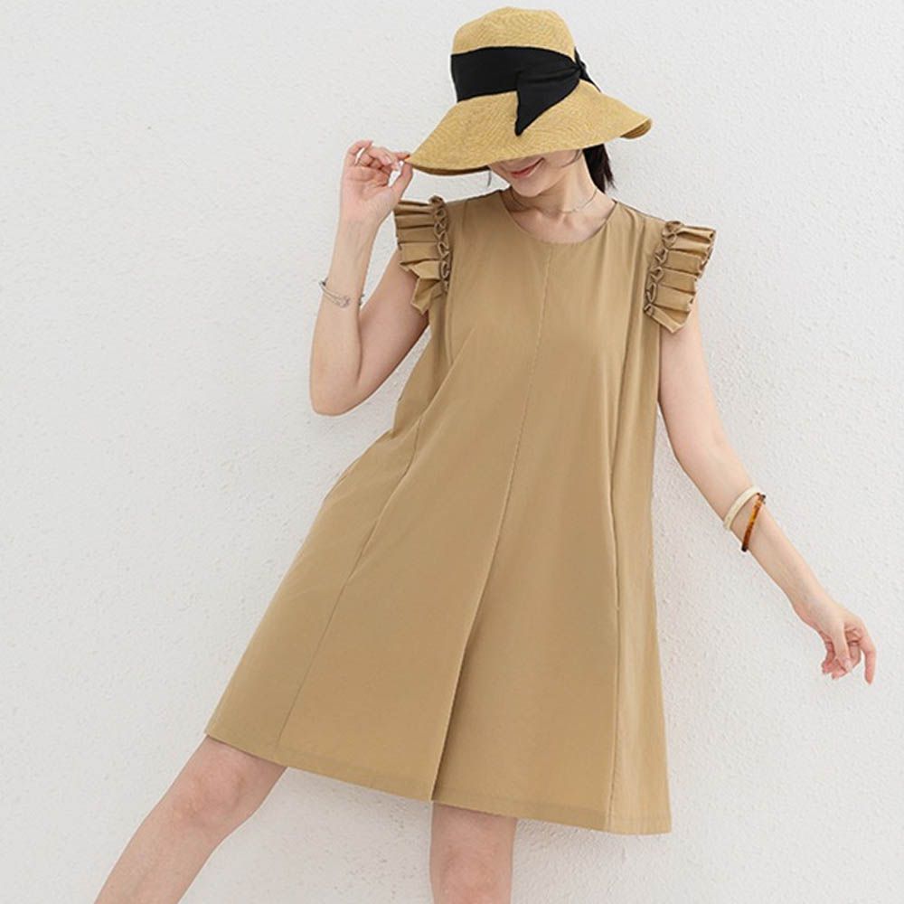 木耳邊小飛袖連身短褲-淺咖色