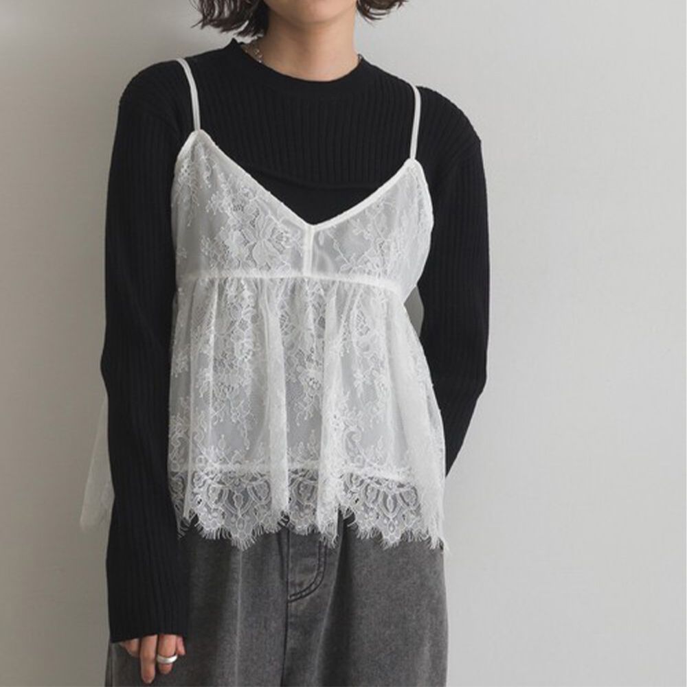 華麗後蝴蝶結睫毛蕾絲細肩帶上衣-白