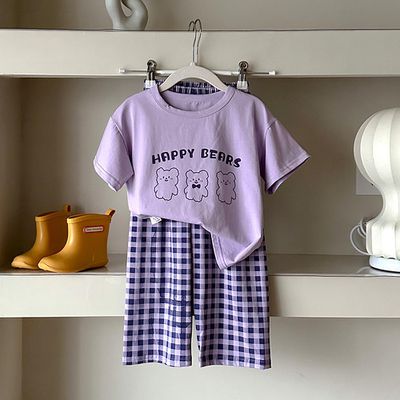 萊卡薄款短袖寬褲家居服套裝/空調服-熊熊+格子褲-紫色