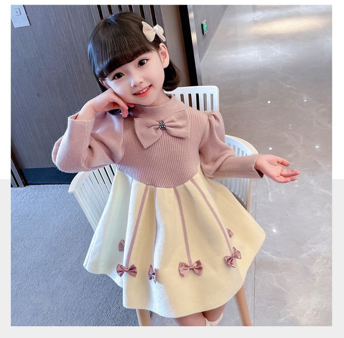 加絨針織半高領連身裙-蝴蝶結-粉+米白