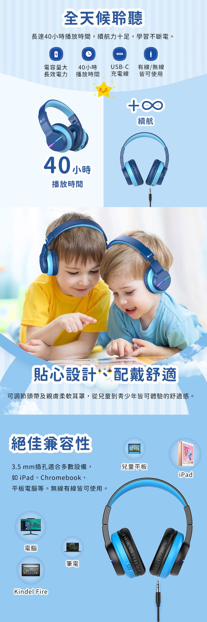 iClever - BTH12 炫光無線兒童耳機 (藍色)-3種音量限制完整保護聽力設計