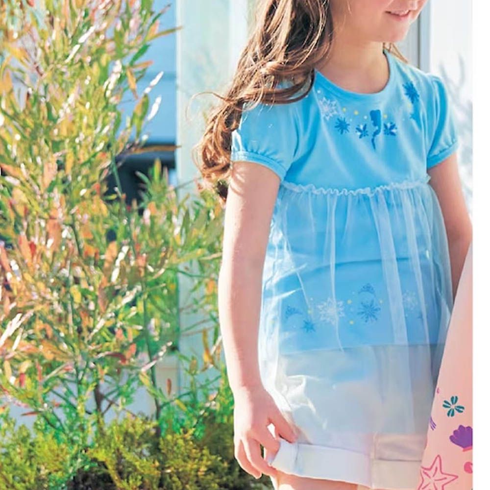 迪士尼 外層薄紗泡泡袖上衣-卡通人物艾莎-水藍
