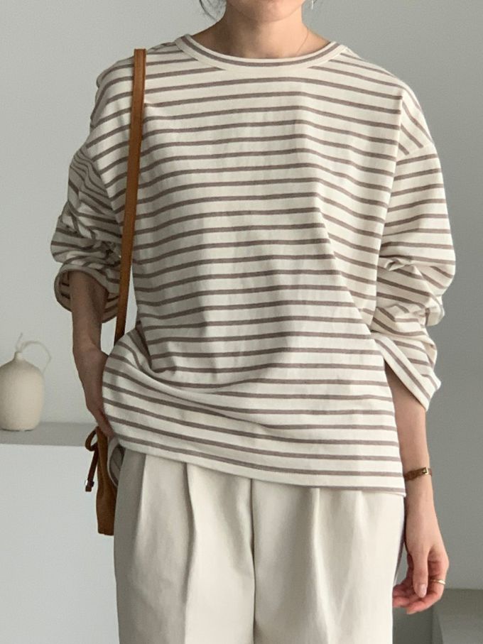 韓國女裝連線 - 不對稱後開衩條紋長袖上衣-可可咖 (FREE)