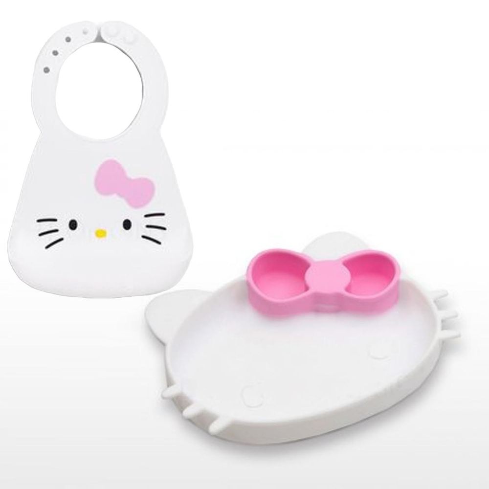 美國 Bumkins - 矽膠圍兜-Hello Kitty + 矽膠餐盤-KITTY