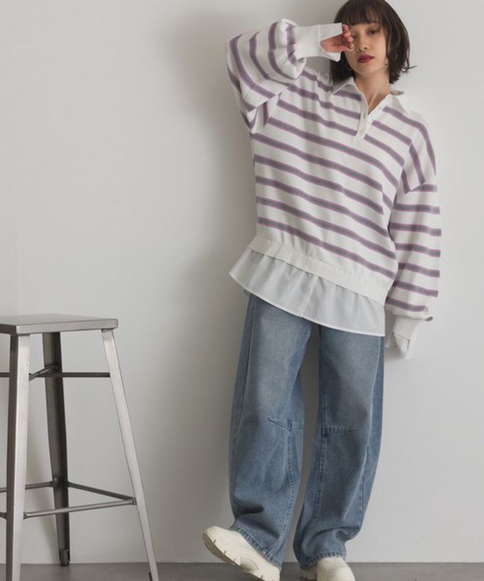 日本 ELENCARE DUE - 假二件襯衫領輕盈落肩長袖上衣-藍灰條紋