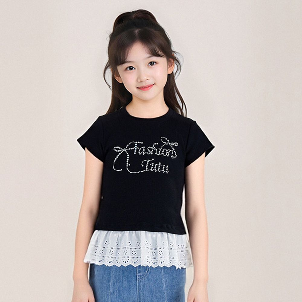 甜美貼鑽蕾絲拼接短袖上衣-黑色