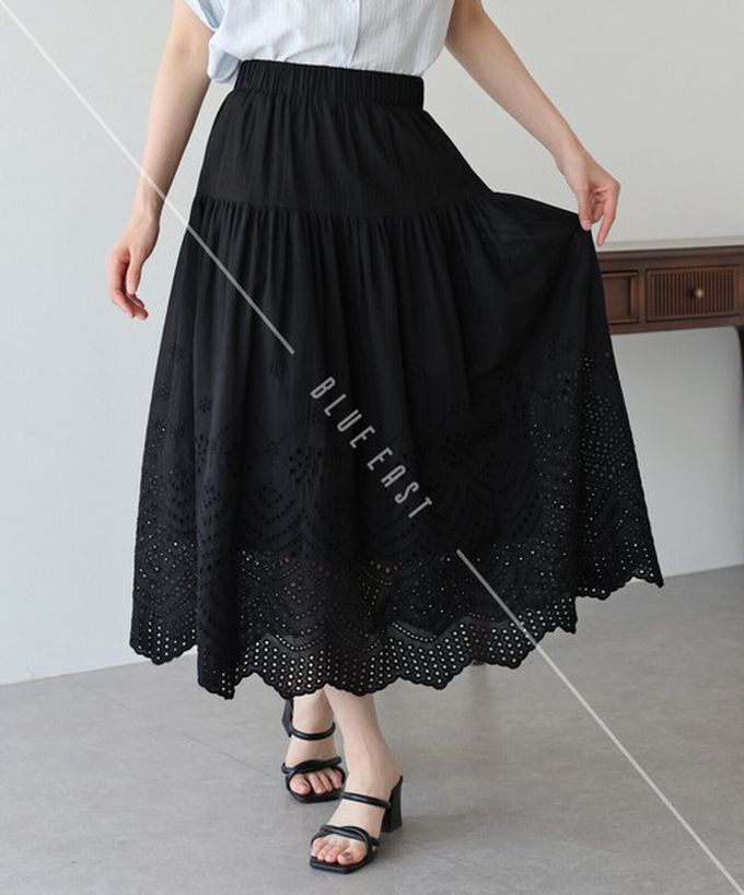 日本 BLUE EAST - 甜美雕花蕾絲下擺鬆緊長裙-白