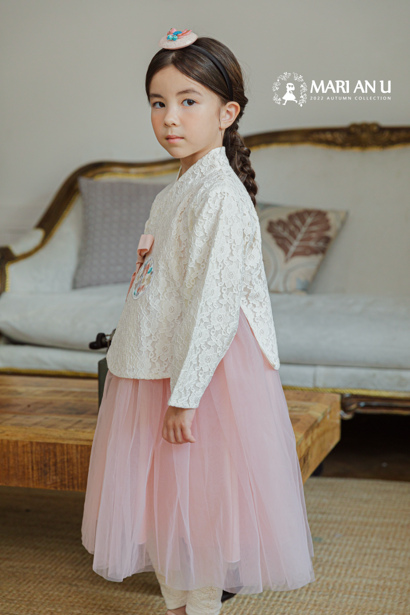 韓國 Mari an u - 兩件式蕾絲雕花網紗韓服-米X粉