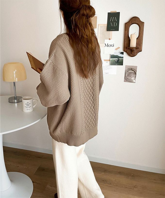 日本 Classical Elf - 前後2WAY麻花紋針織外套/上衣-淺米杏