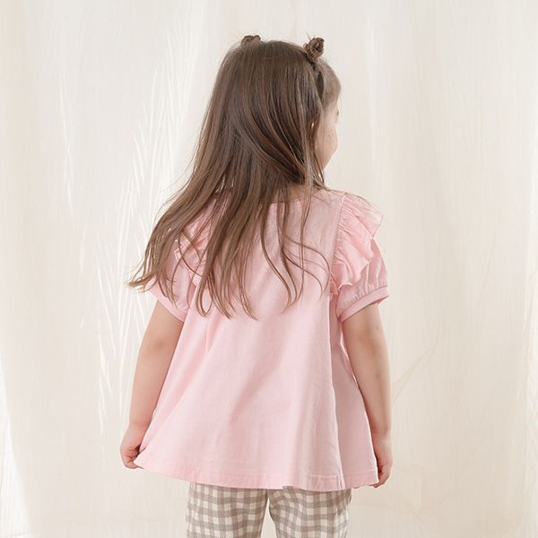 日本 Lycee mine - 肩膀荷葉傘狀長版短袖上衣-粉紅