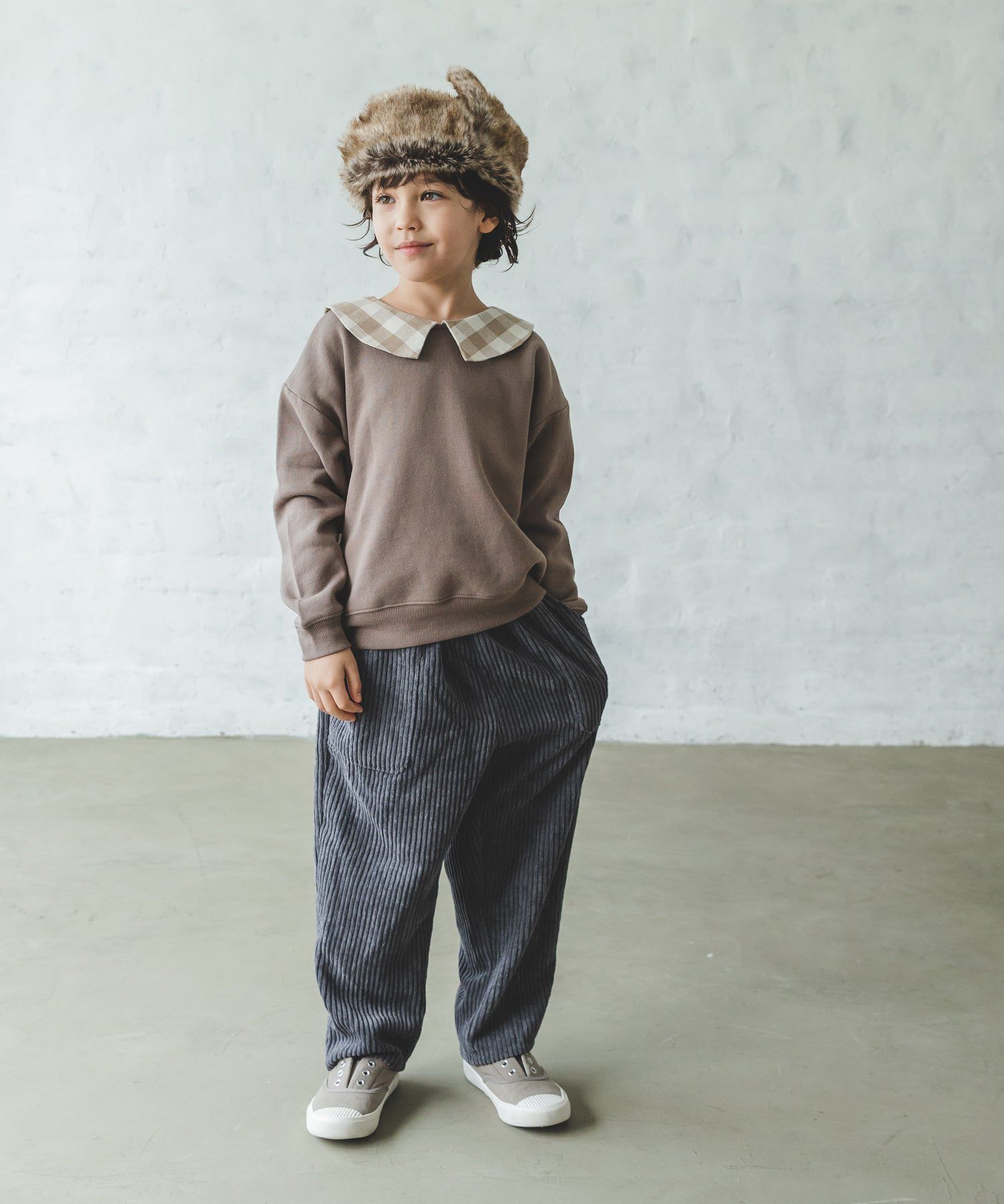 日本 PAIRMANON - 歐風翻領刷毛長袖上衣-碎花領-煙燻粉