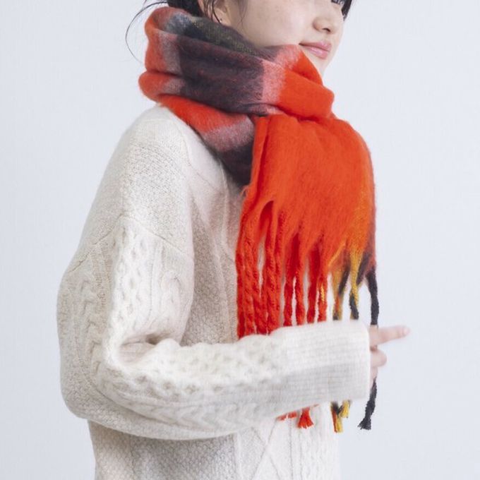 日本代購 - 份量感印花保暖流蘇圍巾-撞色-綠紫