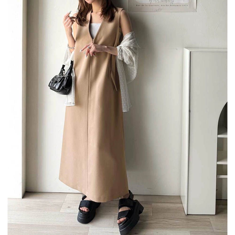 簡約深V領氣質線條背心裙-卡其