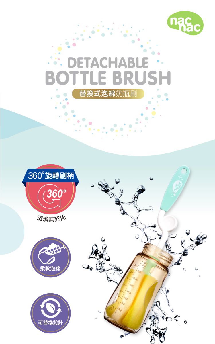 nac nac - 替換式旋轉泡綿奶瓶刷-閃亮黃