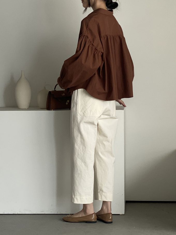 韓國女裝連線 - 極簡拼接翻領長袖襯衫-咖啡紅 (FREE)