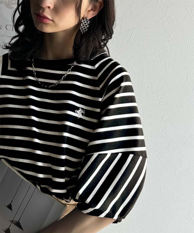 日本 Classical Elf - 定番條紋logo刺繡燈籠袖上衣-白底