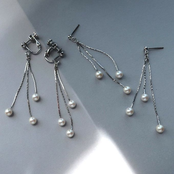 日本 Melody Accessory - 日本製 搖曳三珍珠垂墜感耳環-銀