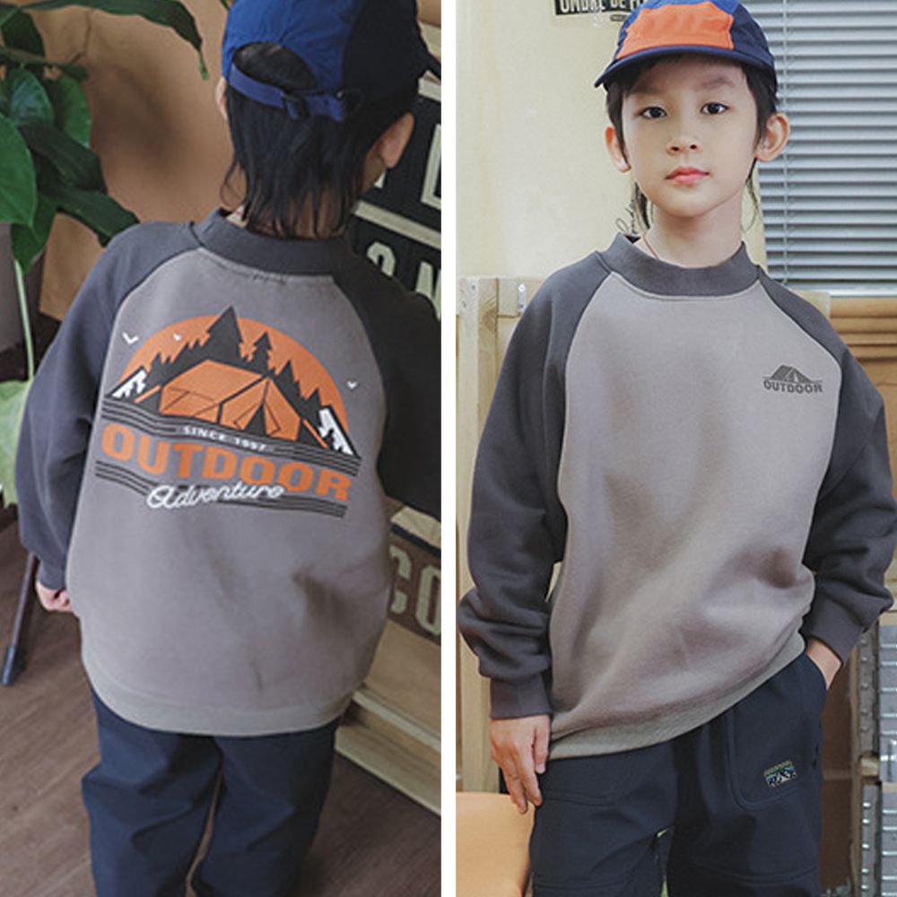 保暖加絨長袖上衣/大學T-OUTDOOR-拼色卡其