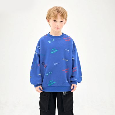 韓國 Jelispoon - 塗鴉文字印內刷毛長袖大學T-寶藍