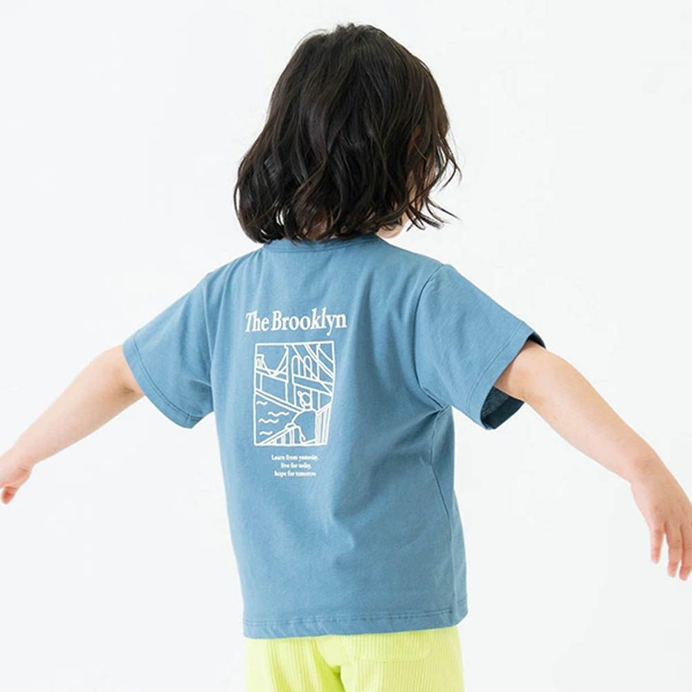 100%棉 清新印花短袖上衣-後背塗鴉風景-灰藍