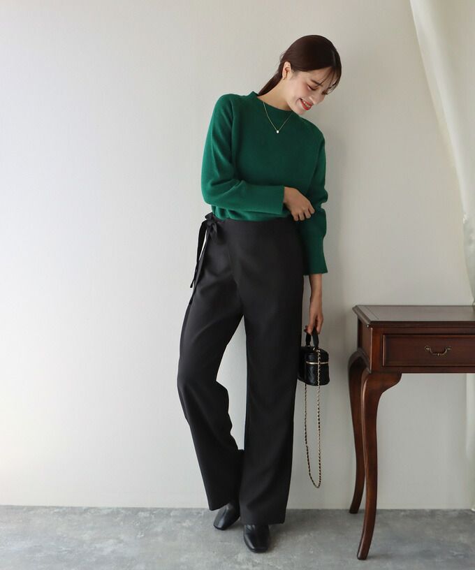 日本 BLUE EAST - 綁帶裝飾垂墜西裝長褲-軍綠