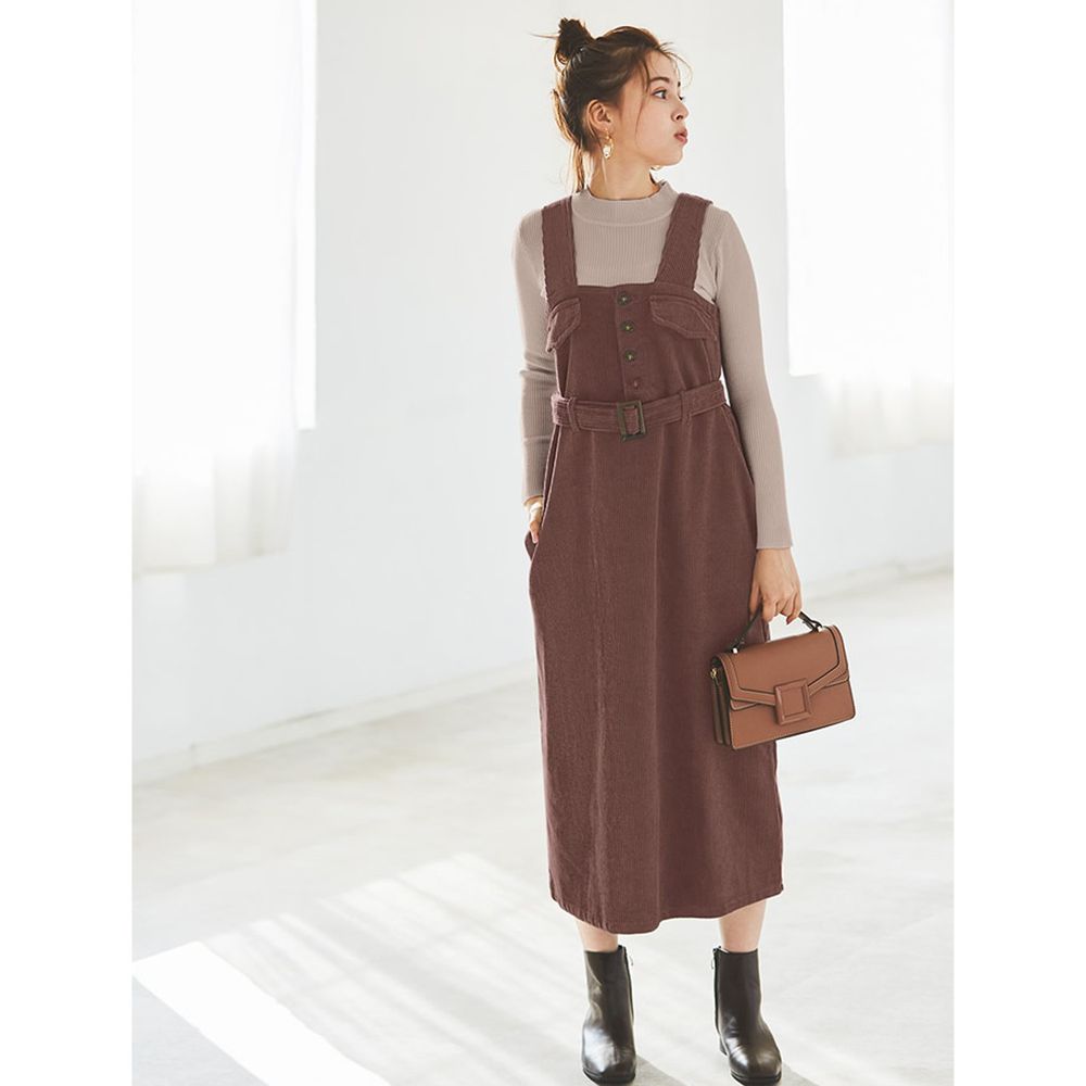 日本 GRL - 半高領羅紋針織上衣X燈芯絨背心裙套裝-杏X咖啡