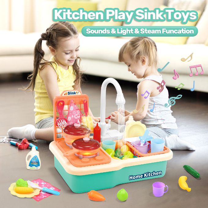 CuteStone - 兒童仿真冒煙煮飯與洗碗機切切樂套裝玩具30件組