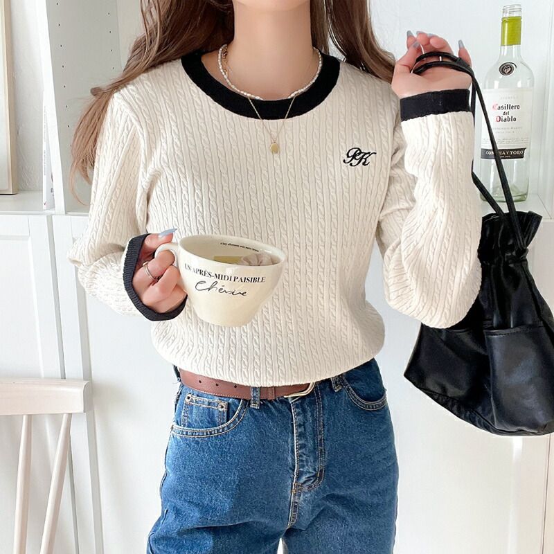 日本 Classical Elf - 學院風logo編花針織長袖上衣-米白x黑邊
