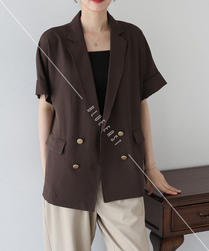 日本 BLUE EAST - 亞麻感氣質金釦短袖西裝外套-海軍藍