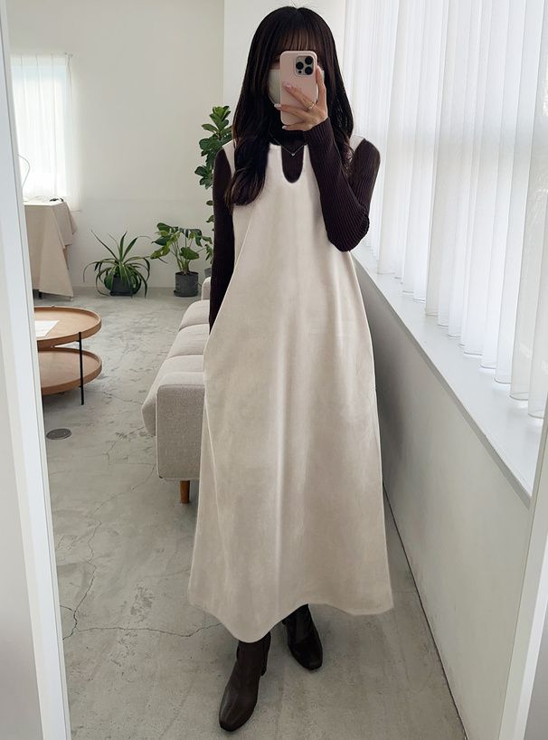 日本 GRL - 鑰匙領修身麂皮背心裙洋裝-黑