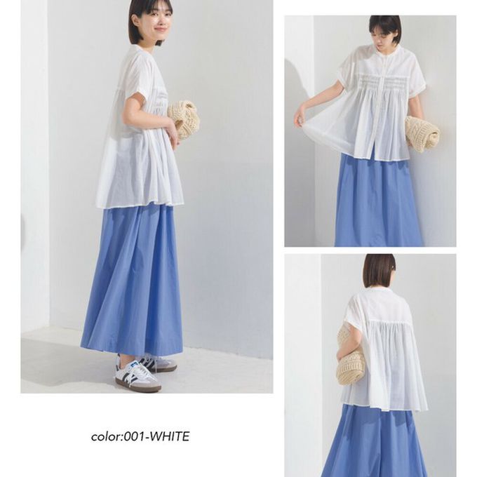 日本 OMNES - 100%印度棉 皺摺傘狀短袖襯衫-綠條紋