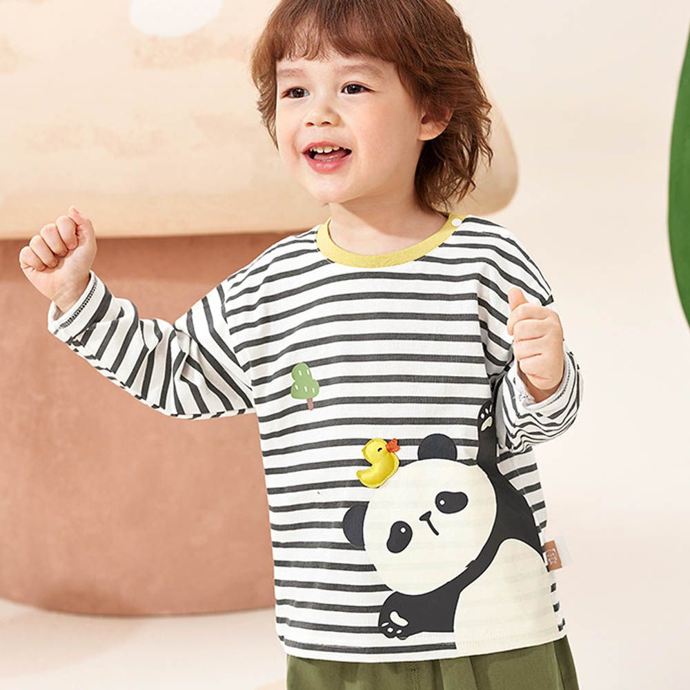 純棉圓領長袖上衣-可愛熊貓-灰白條