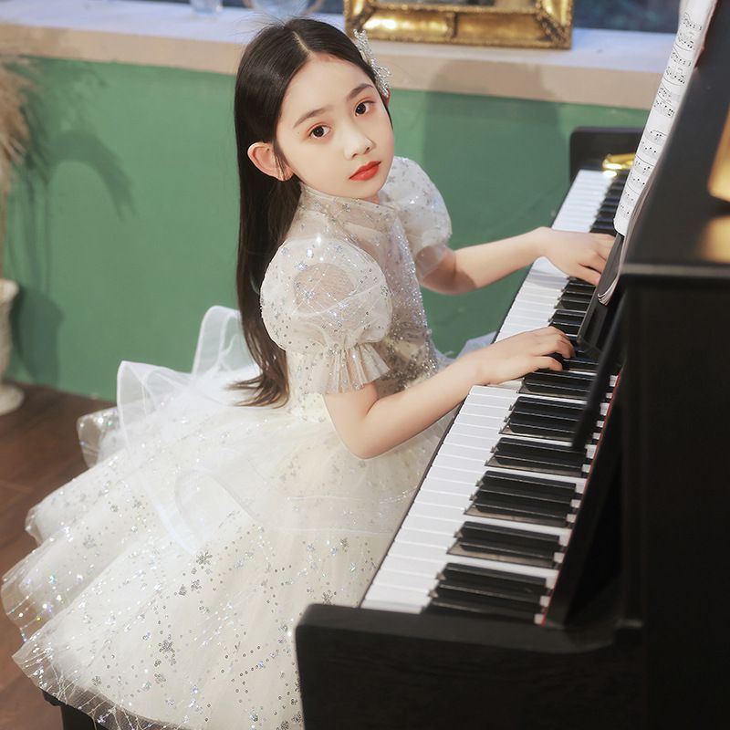 半高領立體雙層網紗公主袖禮服-星星亮片-香檳色